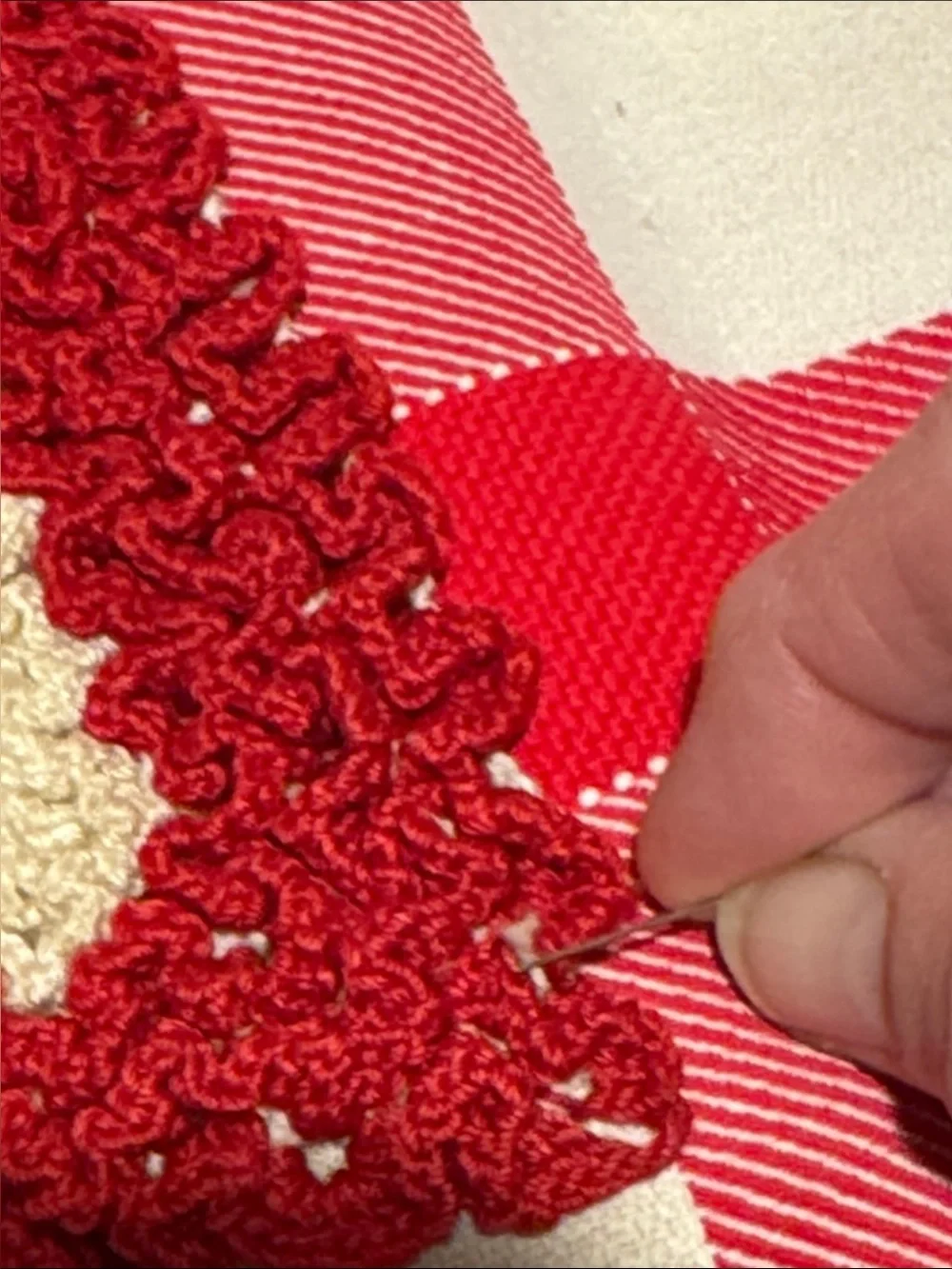 Handmade Red and Cream Crochet Pot Holder or Hot Pad for Table